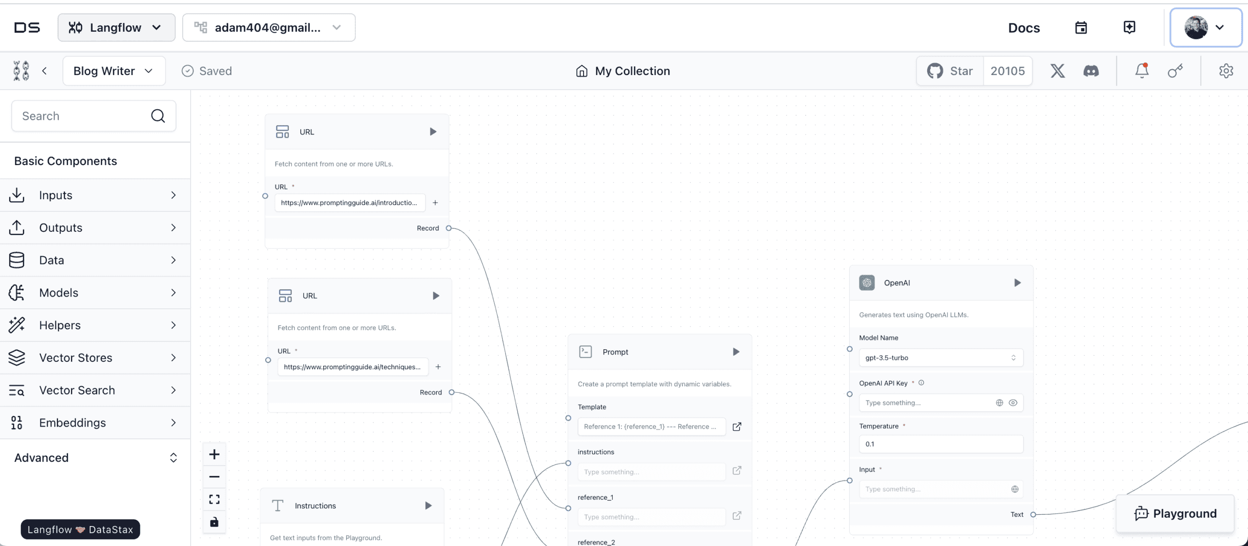 Langflow Interface: Developing a Workflow for writing blogs 👀